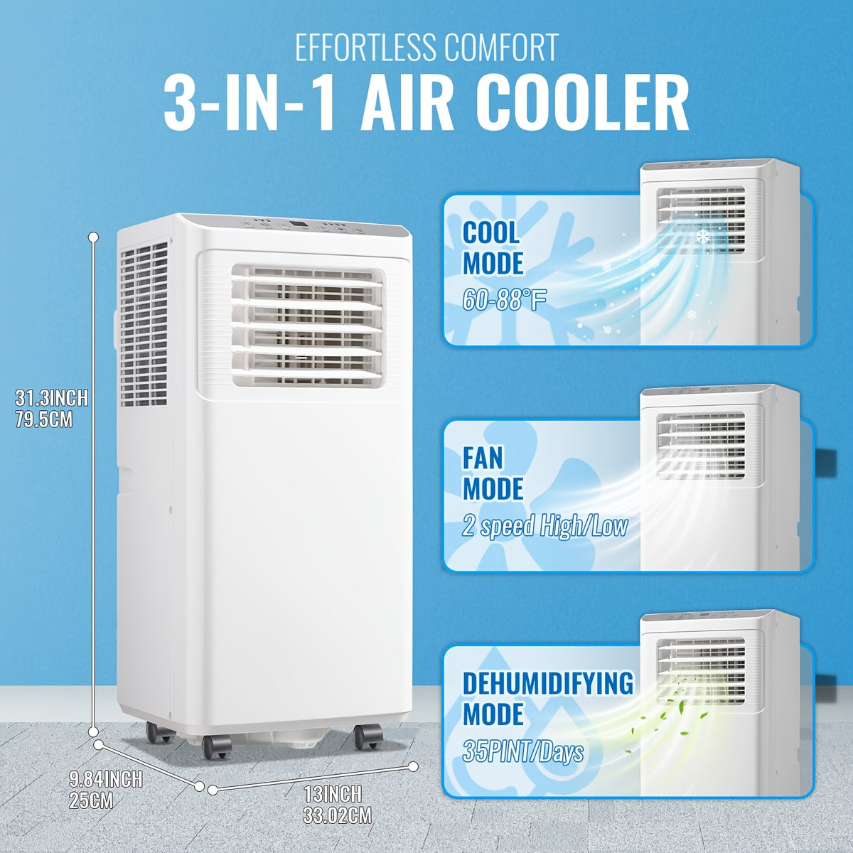 8000 BTU ASHRAE(4400 BTU SACC) Portable Air Conditioner With Remote Control, 3-in-1 Freestanding AC Unit, Cool Rooms Up To 250 Sq Ft