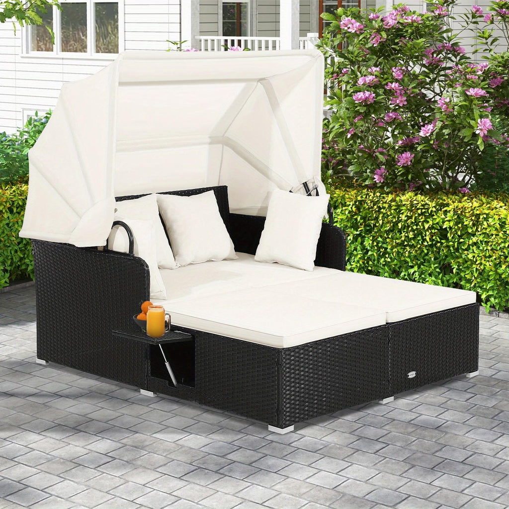 COSTWAY 2-Person Outdoor Daybed, Patio Double Chaise Lounger with Retractable Canopy And Side Tables, Wicker Sunbed with Cushions And Throw Pillows for Poolside Backyard Garden
