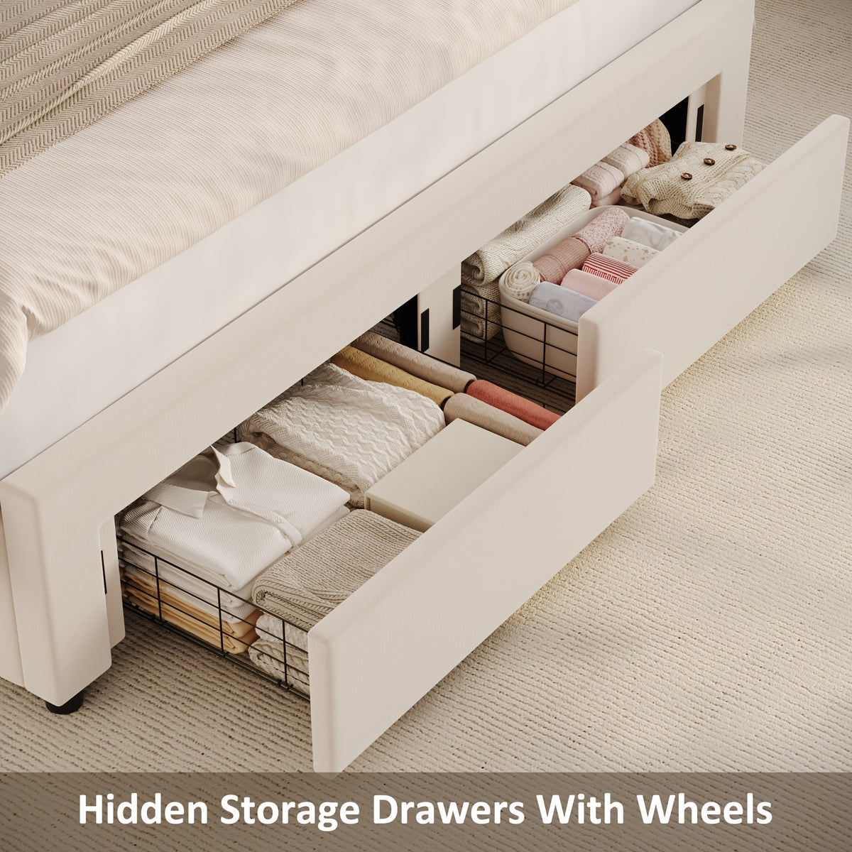 FULTRU Full/Queen/King Upholstered LED Bed Frame with 2 Storage Drawers, Velvet Platform Bed with Wingback Headboard, Solid Wooden Slats Support, No Box Spring Needed, Headboard Splicing Design, Halloween Home Decoration, Christmas Gifts
