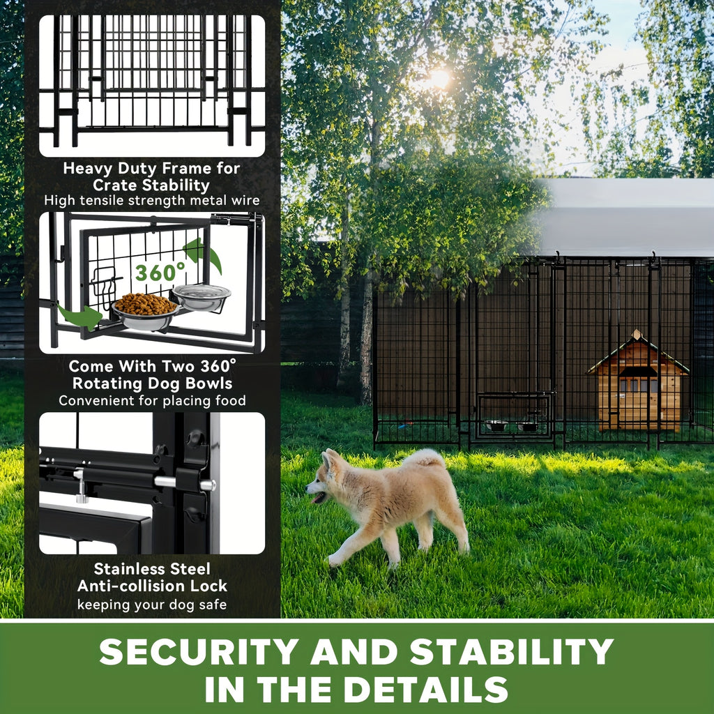 SNDM Outdoor Dog Kennel for Large Dogs, Heavy Duty Welded Wire Steel Dog Playpen Fence with Secure Lock, Dog Pen with Waterproof Roof Cover and 2 Rotating Dog Bowls for Small/Medium/Large Dogs