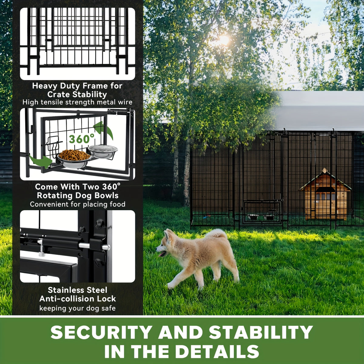 SNDM Outdoor Dog Kennel for Large Dogs, Heavy Duty Welded Wire Steel Dog Playpen Fence with Secure Lock, Dog Pen with Waterproof Roof Cover and 2 Rotating Dog Bowls for Small/Medium/Large Dogs