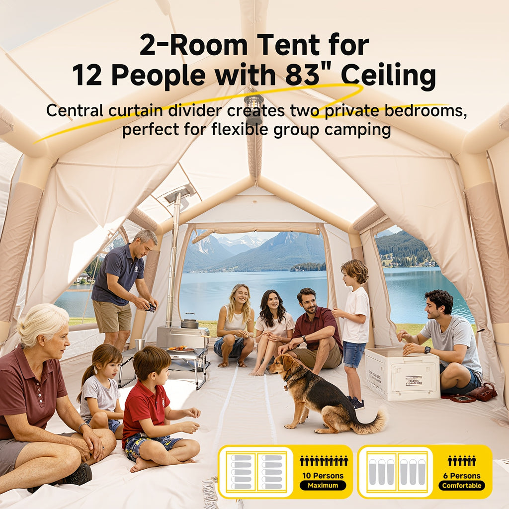 LILYPELLE 6-12 Person Ridge-Style Inflatable Camping Tent with Manual Pump, Large Mesh Windows And Curtain Divider, Four-Season Use, Easy Setup, Ideal for Groups And Families
