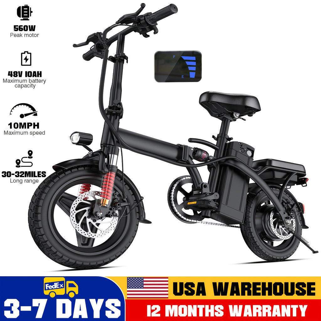 Adult And Adolescent Electric Bicycles, 560 Watt Motor, 10-24MPH, Range of 30-32 Miles, 48 Volt 10 Ampere Hour Battery, 3-Speed Assisted Riding, 14 Inch Foldable Electric Bicycle, Women'S Foldable Electric Bicycle