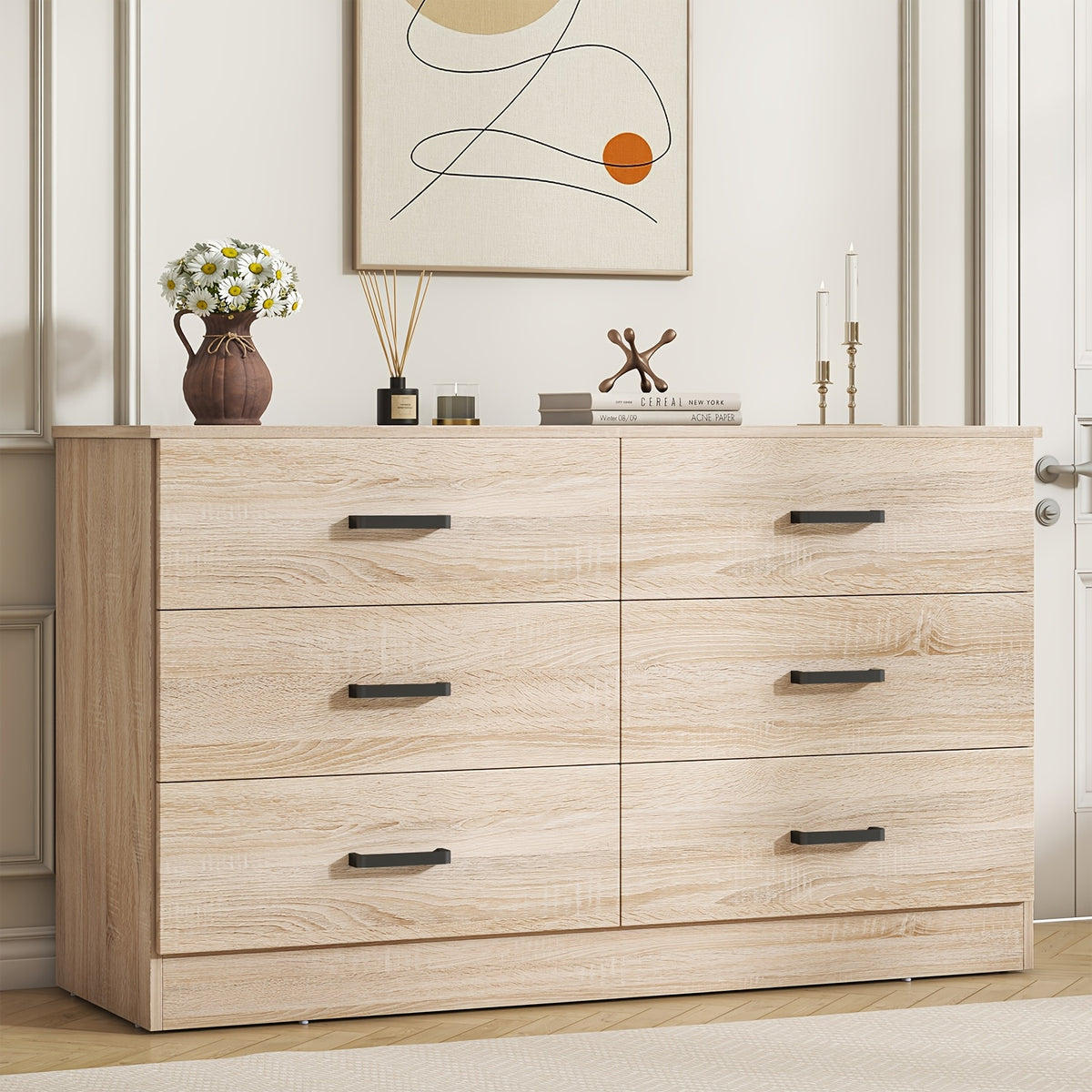Kuajuz Brown Bedroom Dresser for Bedroom, 6 Drawers Dresser, Large Chest of Drawers Storage Organizer, Long Dresser TV Stand