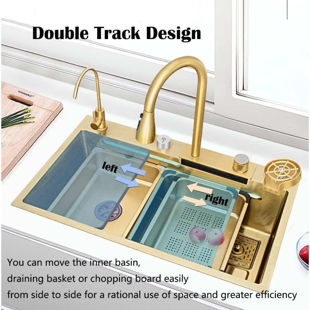 33x22 INCH Gold Flying Rain Drop In Stainless Steel Watefall Kitchen Sink Single Bowl with Pull Down Faucet Set