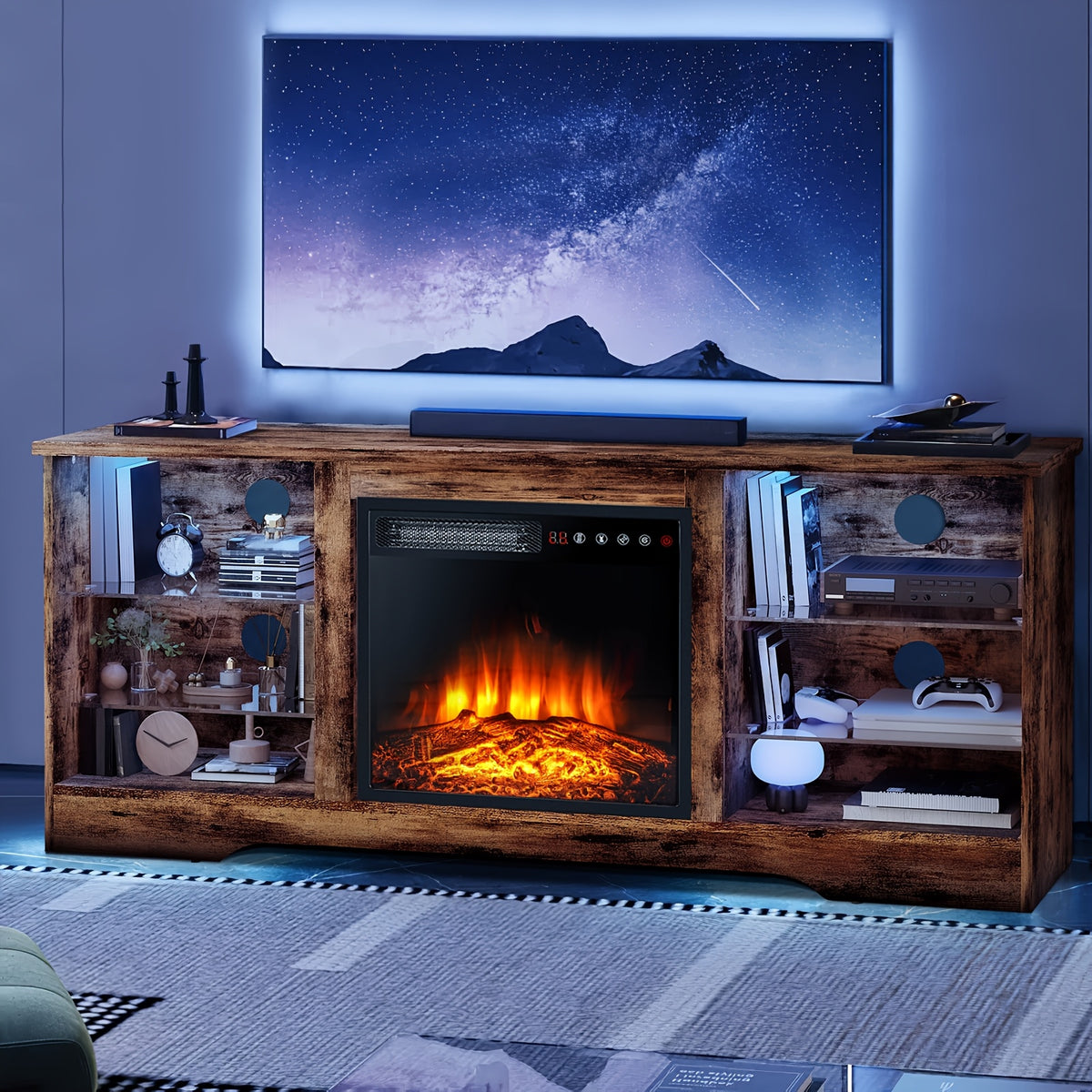 Fireplace TV Stand for TVs Up to 65 Inches Console with 18'' Electric Fireplace & Remote, Adjustable Glass Shelves & Storage Cabinets, Electric Fireplace with Heater, Hardwood/Engineered Wood Construction, Modern Entertainment Center for Living Room