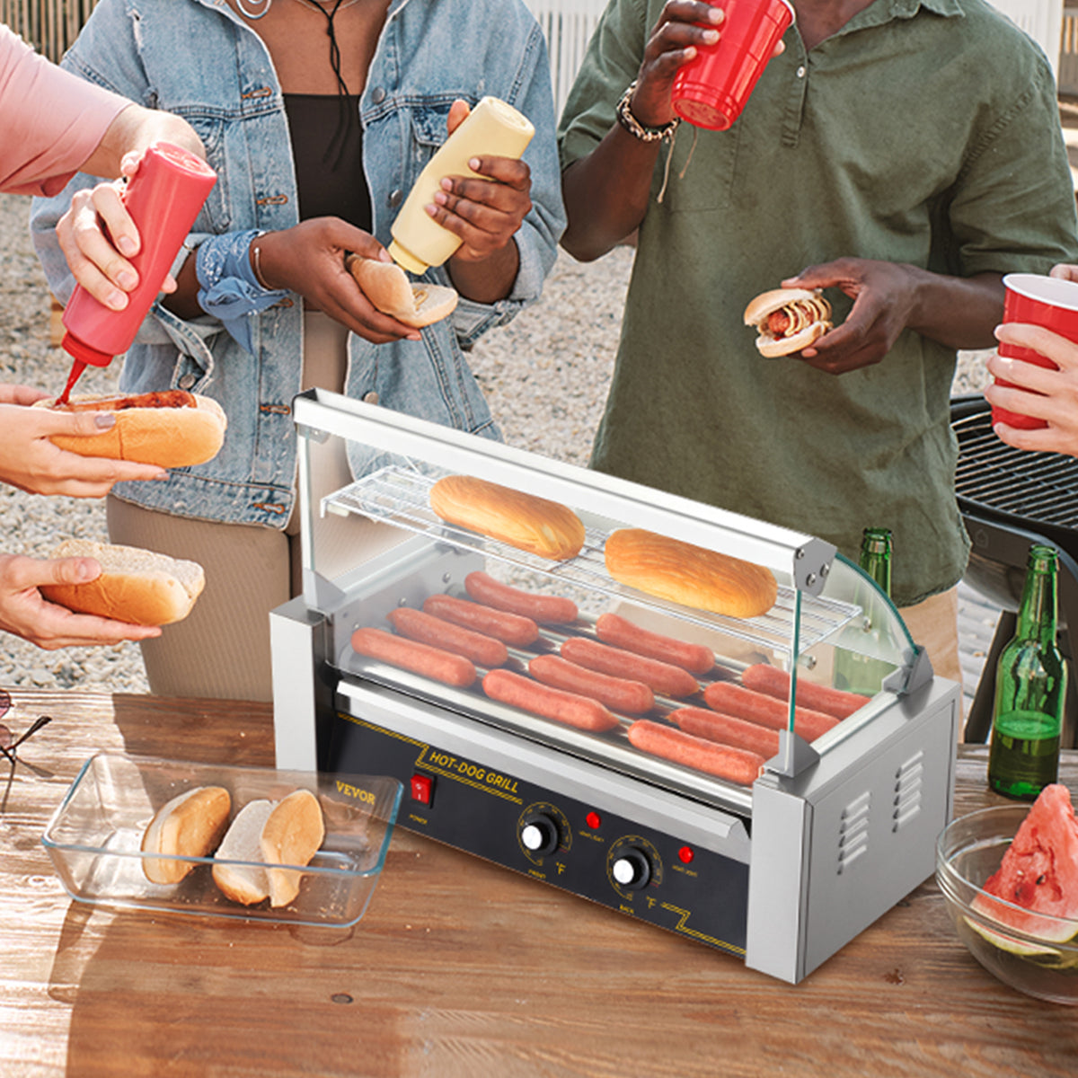VEVOR Hot Dog Roller 5 Rollers 12 Hot Dogs /7 Rollers 18 Hot Dogs Capacity, Stainless Sausage Grill Cooker Machine with Dual Temp Control Glass Hood Acrylic Cover Bun Warmer Shelf Removable Oil Drip Tray