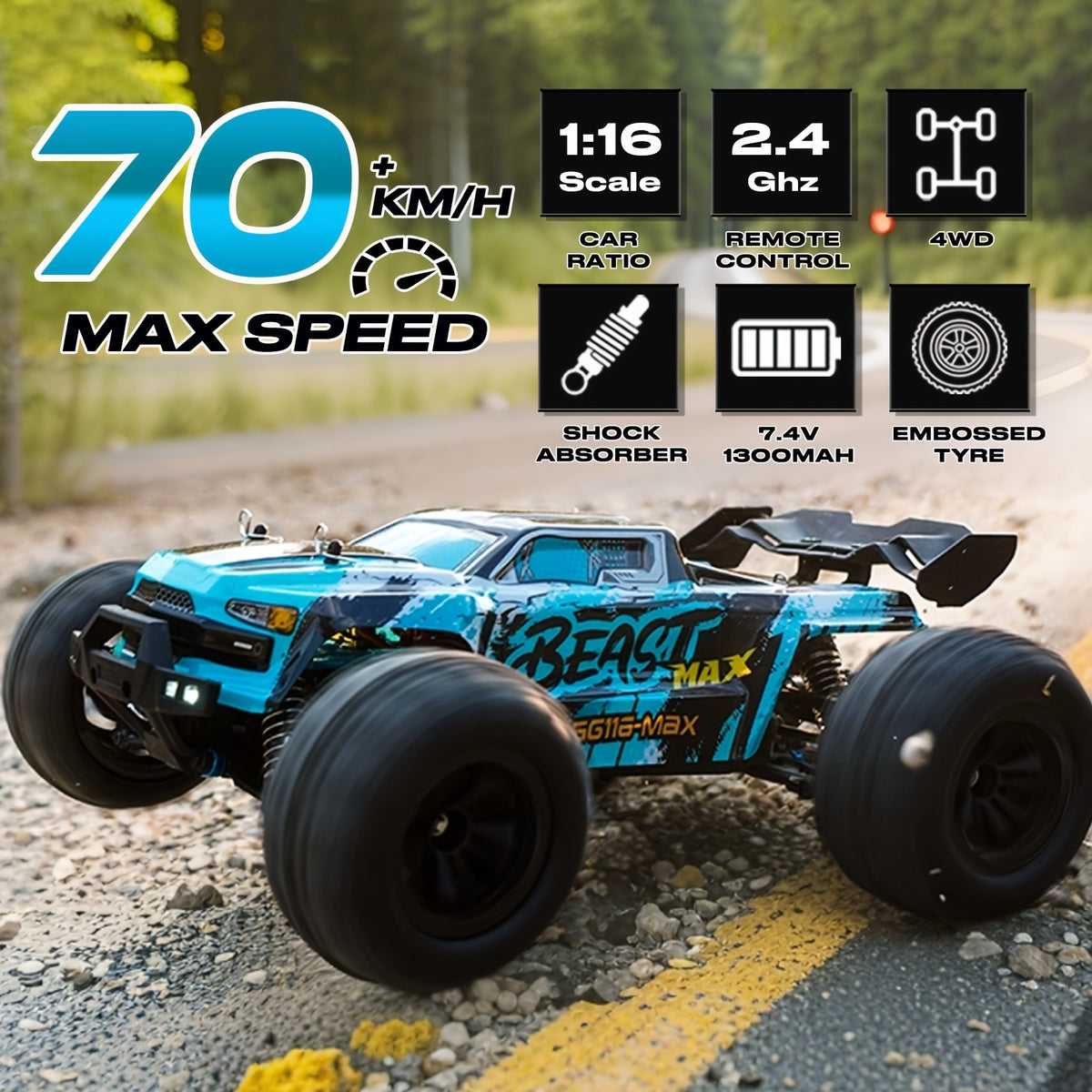ZHUOYOU 1:16 4WD Off Road High Speed RC Car with Head-up Wheel, 70KM/H Racing Drifting Vehicle, RC390 Motor, 2.4Ghz Remote Control, Supports Cars Racing Together, LED Lights, All Terrain Application