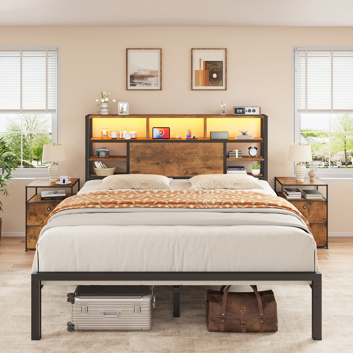 Full/Queen/King Size Bed Frame with Storage Headboard, LED Lights & Charging Station Heavy Duty Metal Platform Bed for Bedrooms, 1100 LBS Capacity, No Box Spring Needed, Easy Assembly, Black, Brown