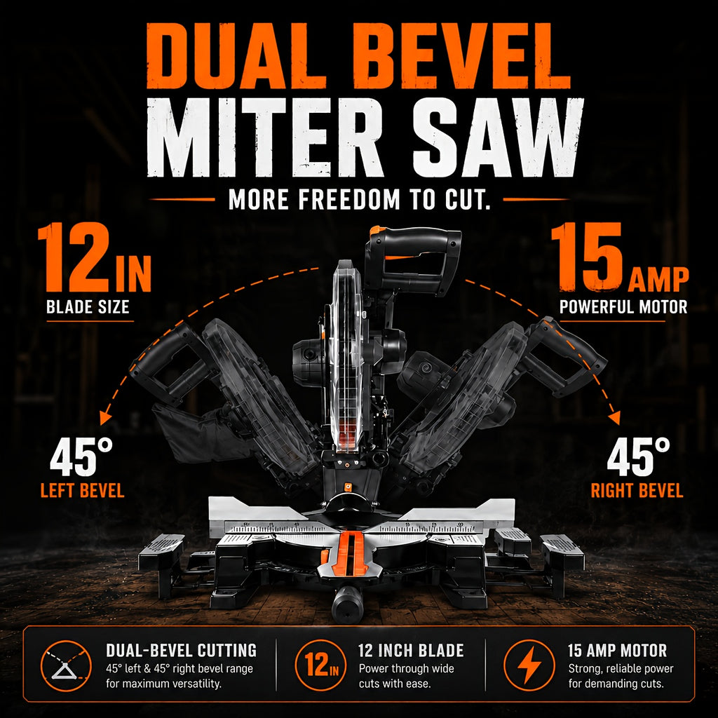 12" Blade 15Amp Sliding Compound Miter Saw with Aluminum Alloy Guard, 3800 RPM, Double-Bevel 45° And Dual Miter 45°, Max 13.2" X 4.1" Cutting Capacity, Dado Slot, 9 Positive Stops, Ideal for Woodworking Projects