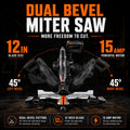 12" Blade 15Amp Sliding Compound Miter Saw with Aluminum Alloy Guard, 3800 RPM, Double-Bevel 45° And Dual Miter 45°, Max 13.2" X 4.1" Cutting Capacity, Dado Slot, 9 Positive Stops, Ideal for Woodworking Projects