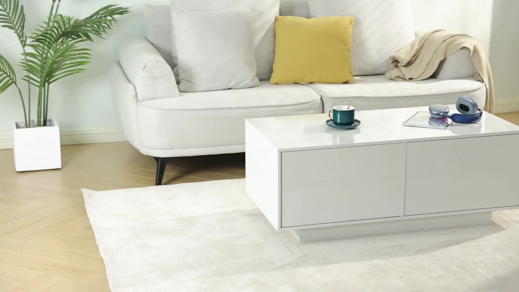 High Glossy LED Coffee Table, Modern Coffee Tables with Open Display Shelf And Sliding 2 Drawers, Rectangular Coffee Table with LED Lights for Living Room, Dining Room, White/Black