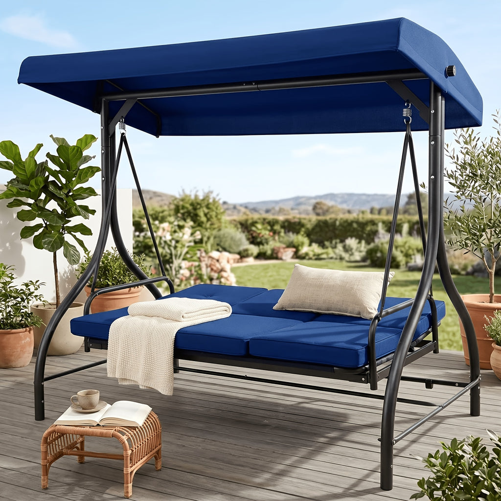 3 Person Patio Porch Swing Outdoor Converting Swing Glider Hammock with Adjustable Canopy, Cushions for Outside Backyard, Garden(Pillow Not Included)