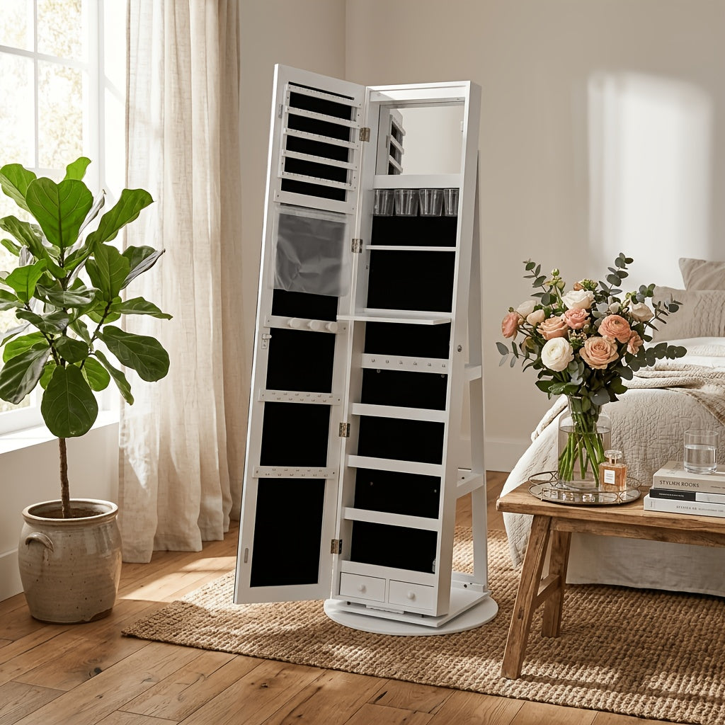 Freestanding Rotating Jewelry Cabinet with Full-Length Mirror & Lockable Storage Armoire - Foldable Makeup Shelf & Lights Suitable for Bedroom, Wood, Mirror Dresser Organizer for Room, Space-Saving