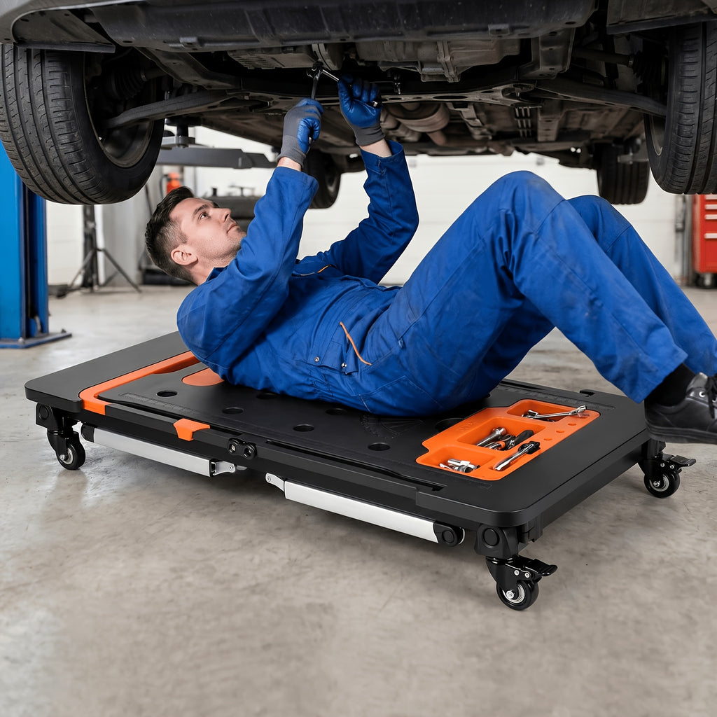 7in 1 Multifunctional Work Benches with Power Outlet, Folding Work Table for Garage, As Portable Workbench, Sawhorse, Scaffold, Platform, Car Creeper, Dolly And Hand Truck, with 4 Wheels, Requires No Assembly