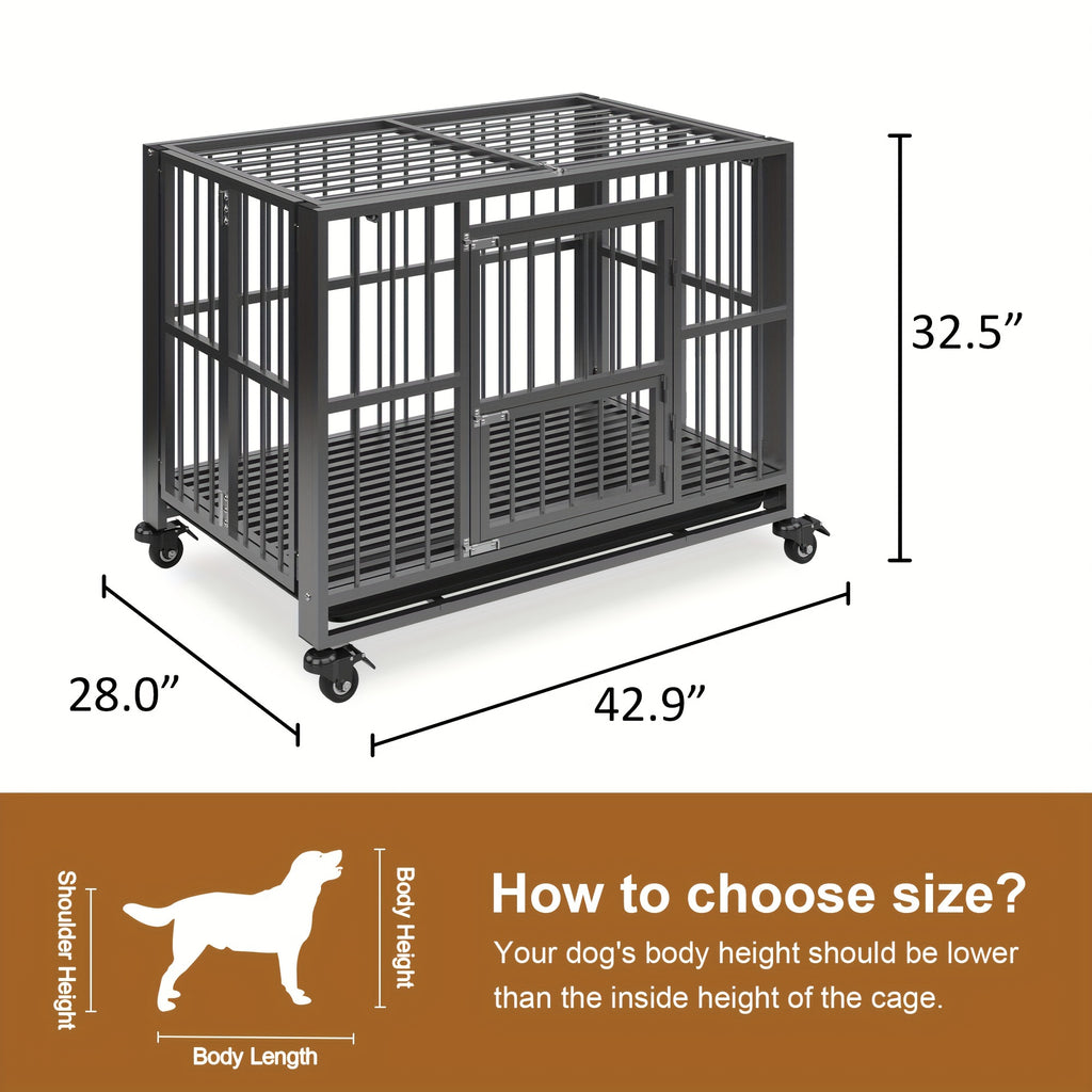 43/38 Inch Heavy Duty Dog Crate, Folding Dog Kennel No Assembly, Escape Proof Large Dog Cage Kennel With Lockable Wheels, High Anxiety Pet Playpen With Double Door Indoor/outdoor.