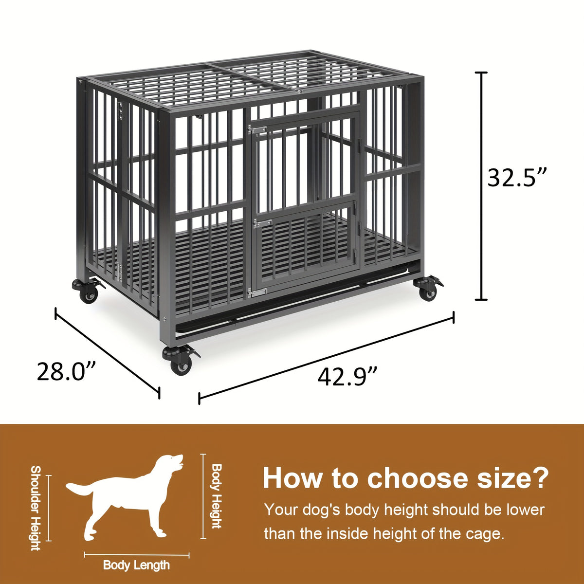 43/38 Inch Heavy Duty Dog Crate, Folding Dog Kennel No Assembly, Escape Proof Large Dog Cage Kennel With Lockable Wheels, High Anxiety Pet Playpen With Double Door Indoor/outdoor.