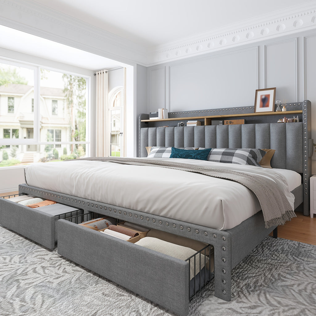 Soft Upholstered Bed Frame with 2 Storage Drawers & Naked Mattress Foundation | Full/Queen/King Size Low Profile Platform Bed Base, Heavy Duty 1000lbs Steel Frame, No Box Spring Needed for Apartments/Dorms | Easy Assembly (Gray/Beige)