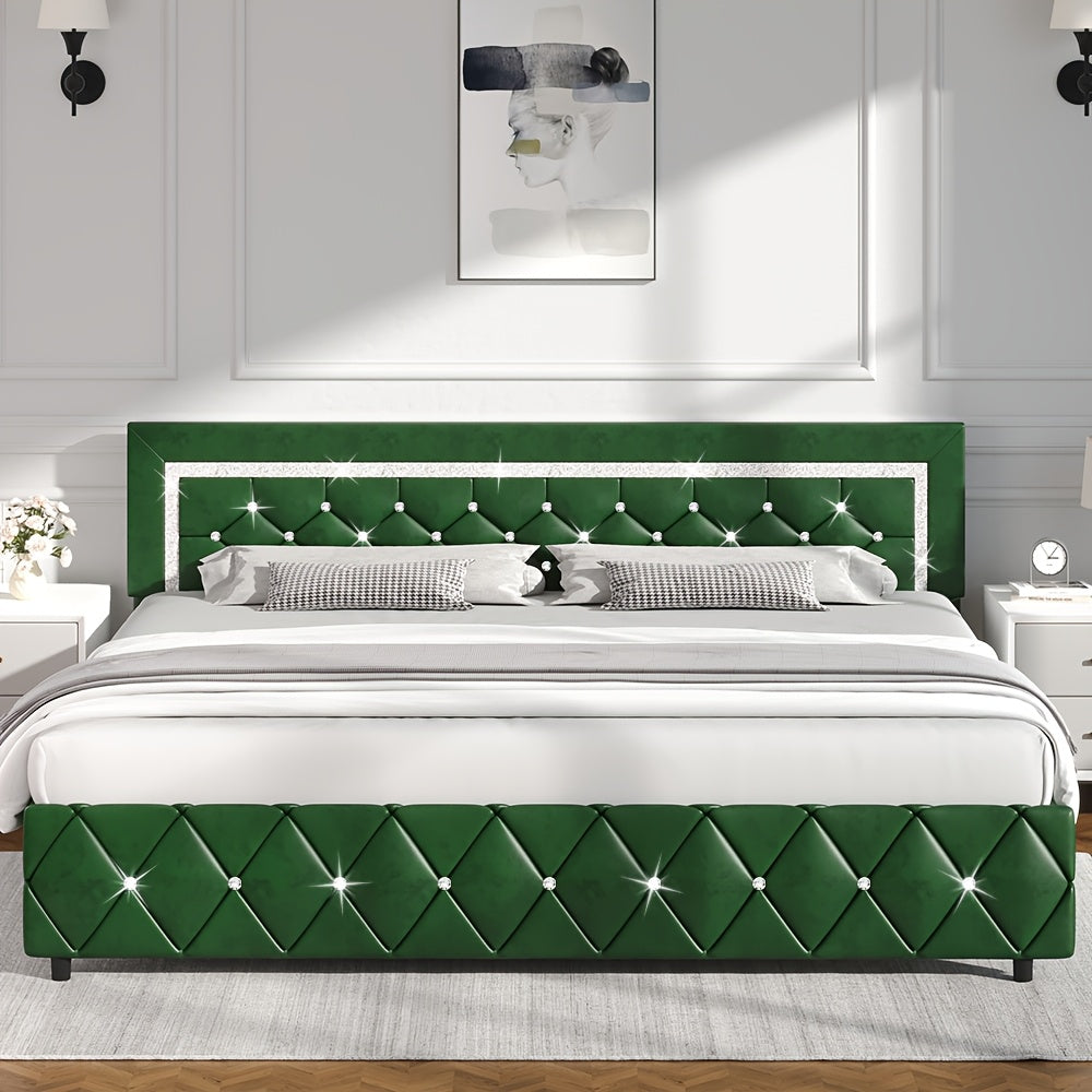 Halloween Twin Full Queen King Upholstered Bed Frame, Diamond Tufted Headboard, Faux Leather Bed Frame With Headboard & Footboard, Wooden Slats Support, No Box Spring Needed, Easy Assembly, Black/White/Pink/Green Christmas