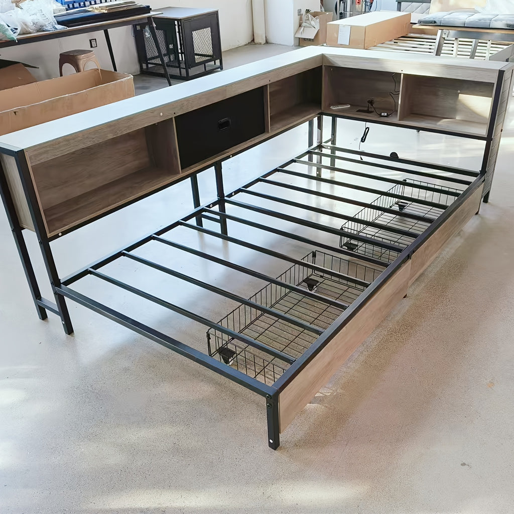 Corner Bed with Storage Bookcase and LED Light, Daybed with 2 Underneath Storage Drawers & Charging Station, Twin Bed Frames for Bedroom