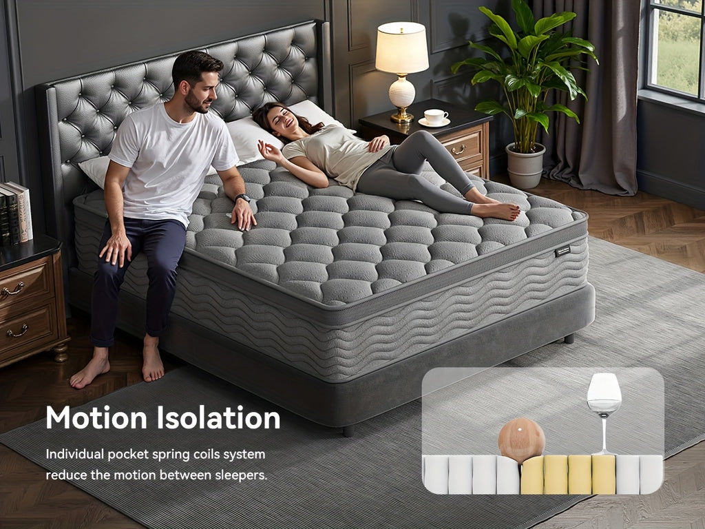 8/10/12 Inch Mattress in Twin, Full, Queen, And King Sizes - Ergonomically Designed, Medium Firm Hybrid Mattress, Offering Luxurious Comfort with Pocket Springs, Grey Quilted Cover, Bed Mattresses
