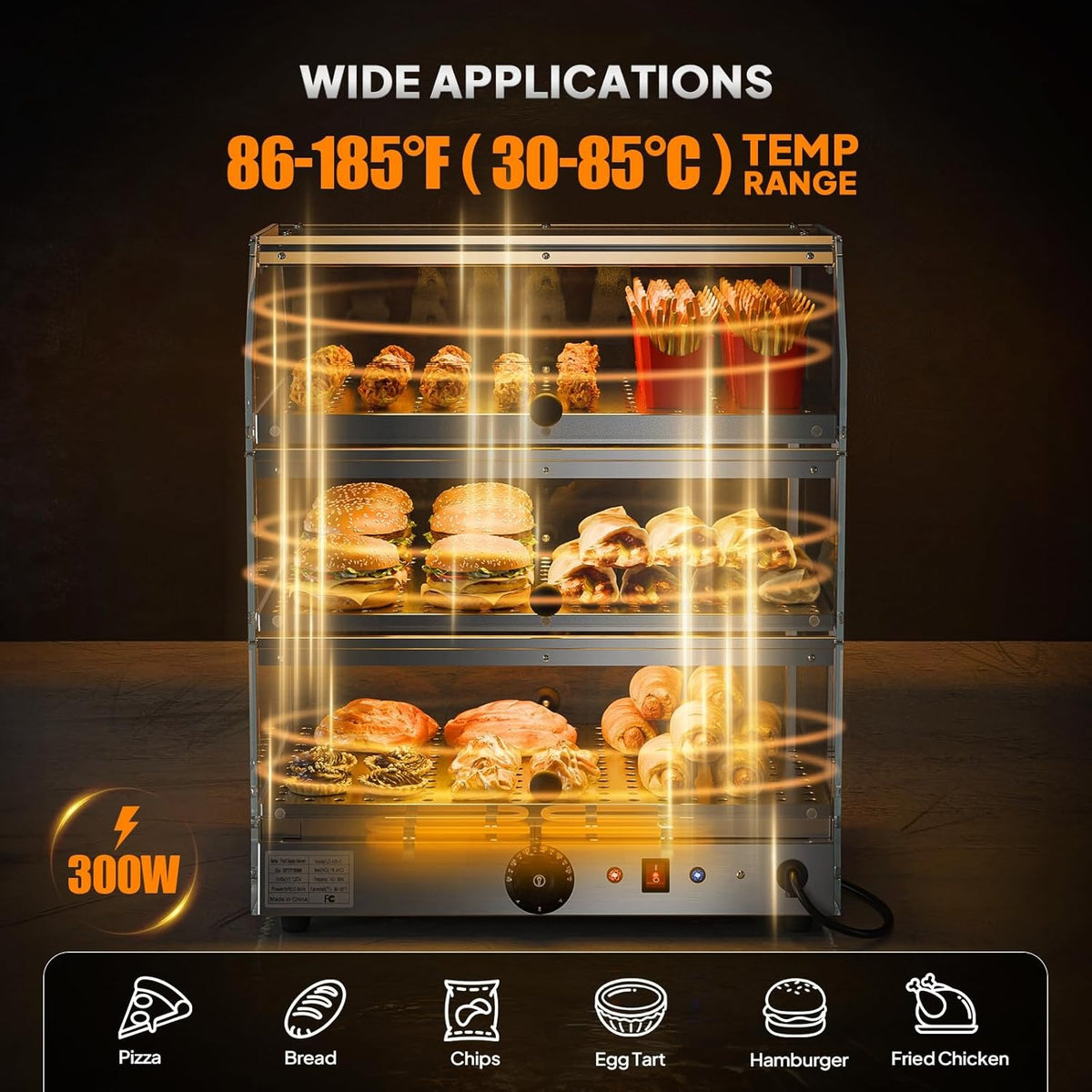 2-Tier Food Warmer Pizza Warmer Countertop, Food Warmer Display Pretzel Warmer with LED Lighting Front and Rear Doors, Electric Catering Hot Box Acrylic for Buffet Restaurant Cafe