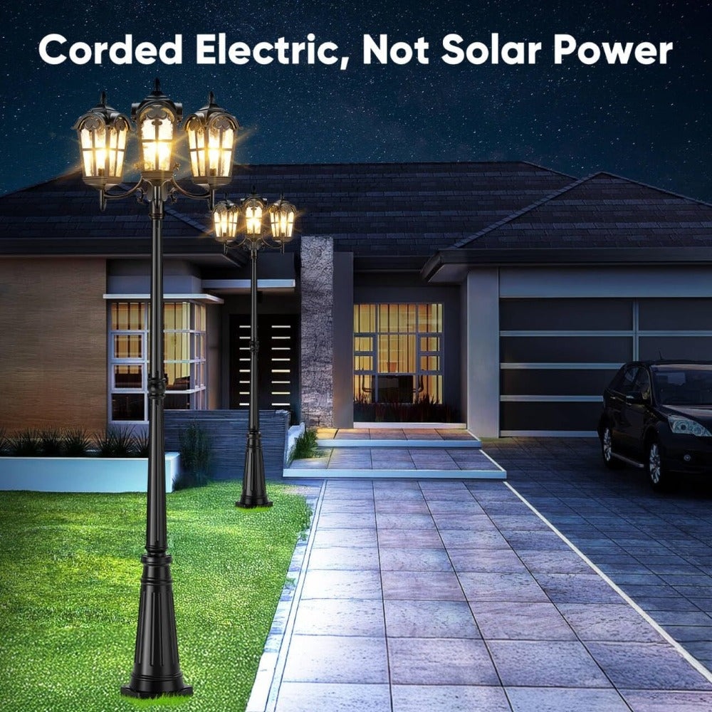 Outdoor Pathway Post Light, 3-Head Dusk-to-Dawn Fixture for Backyard and Garden Lighting Areas