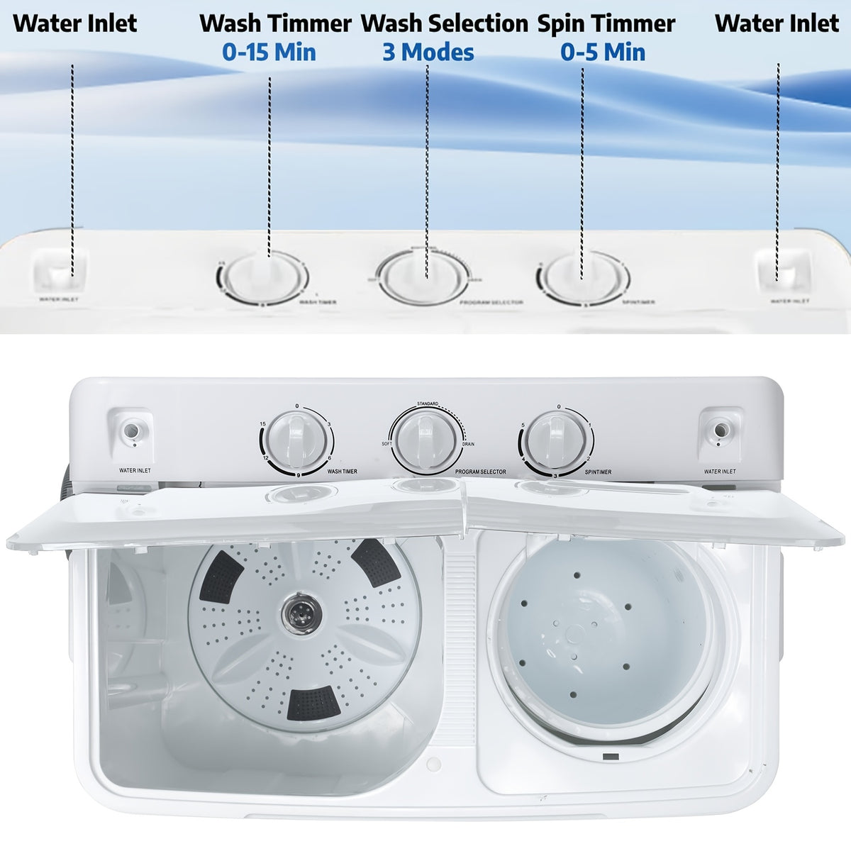 Portable Washing Machine, 2-in-1 Compact Twin Tub Washer and Spinner with Drain Pump and Time Control