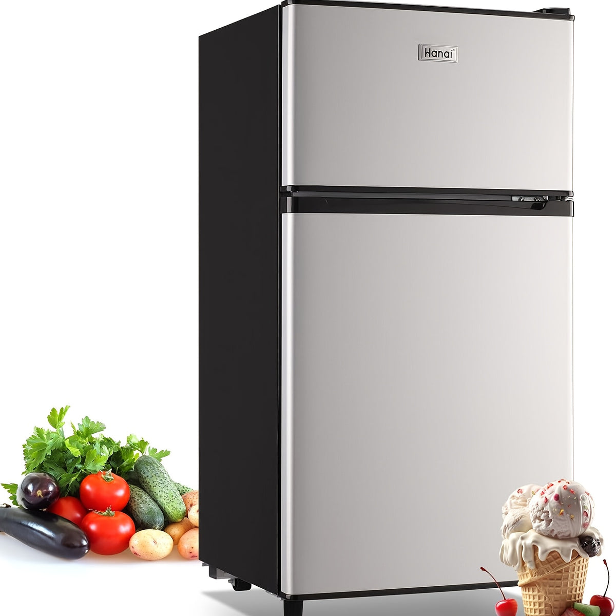 WANAI Double Door Small Refrigerator with Freezer, 3.5/4.5/5.0 Cu.Ft Small Fridge with 7 Level Adjustable Thermostat & Removable Shelves, Mini Refrigerator for Kitchen Apartment And Office, Silvery