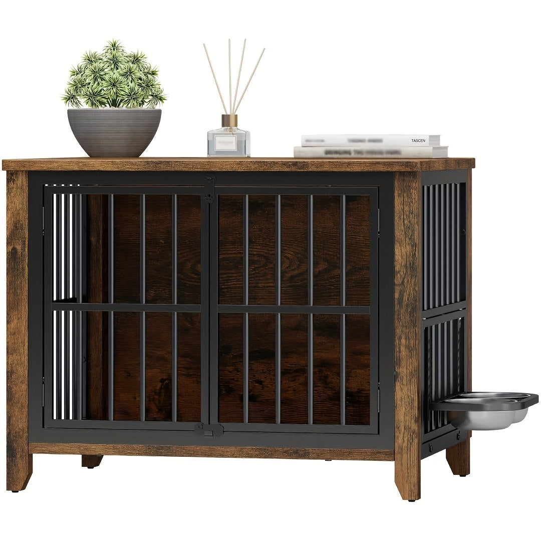 Furniture-Style Dog Crate with Height-Adjustable Rotating Bowls — Secure Indoor Enclosure in Gray or Brown