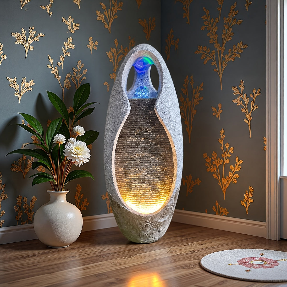An Indoor Floor Fountain, Standing 27.55 Inches Tall. It's A Home Decor Item, A Large Cobblestone Floor Fountain Ornament, Complete with A Glass Ball And Lighting Features.