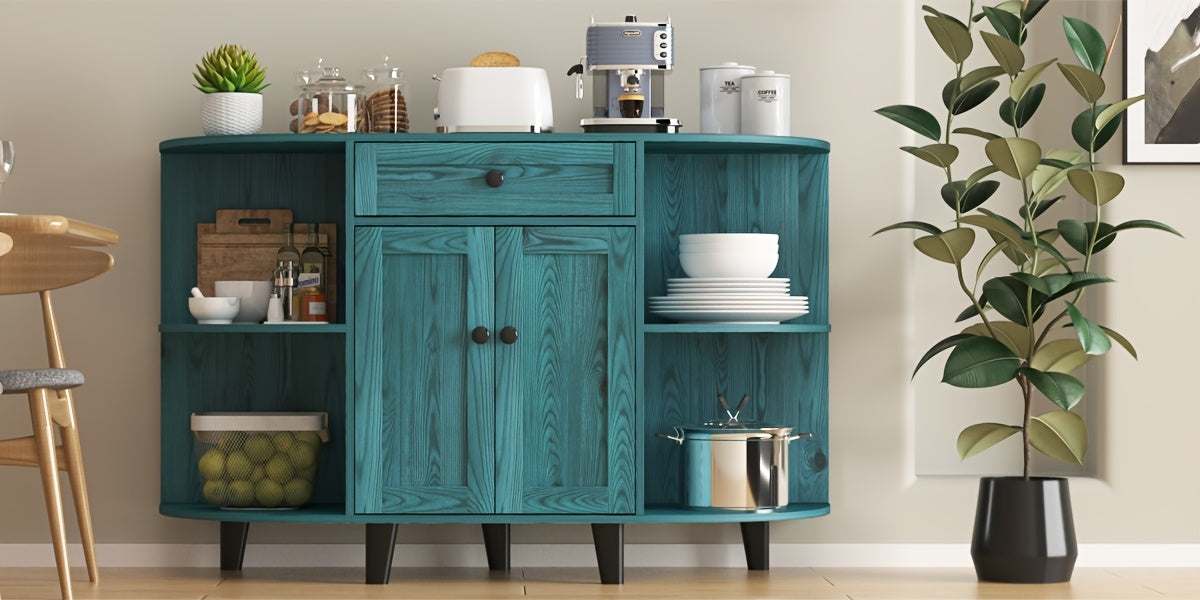 Sideboard Buffet Cabinet, Freestanding Kitchen Cabinet with Storage, Accent Coffee Bar Cabinet with Doors, Vintage Blue