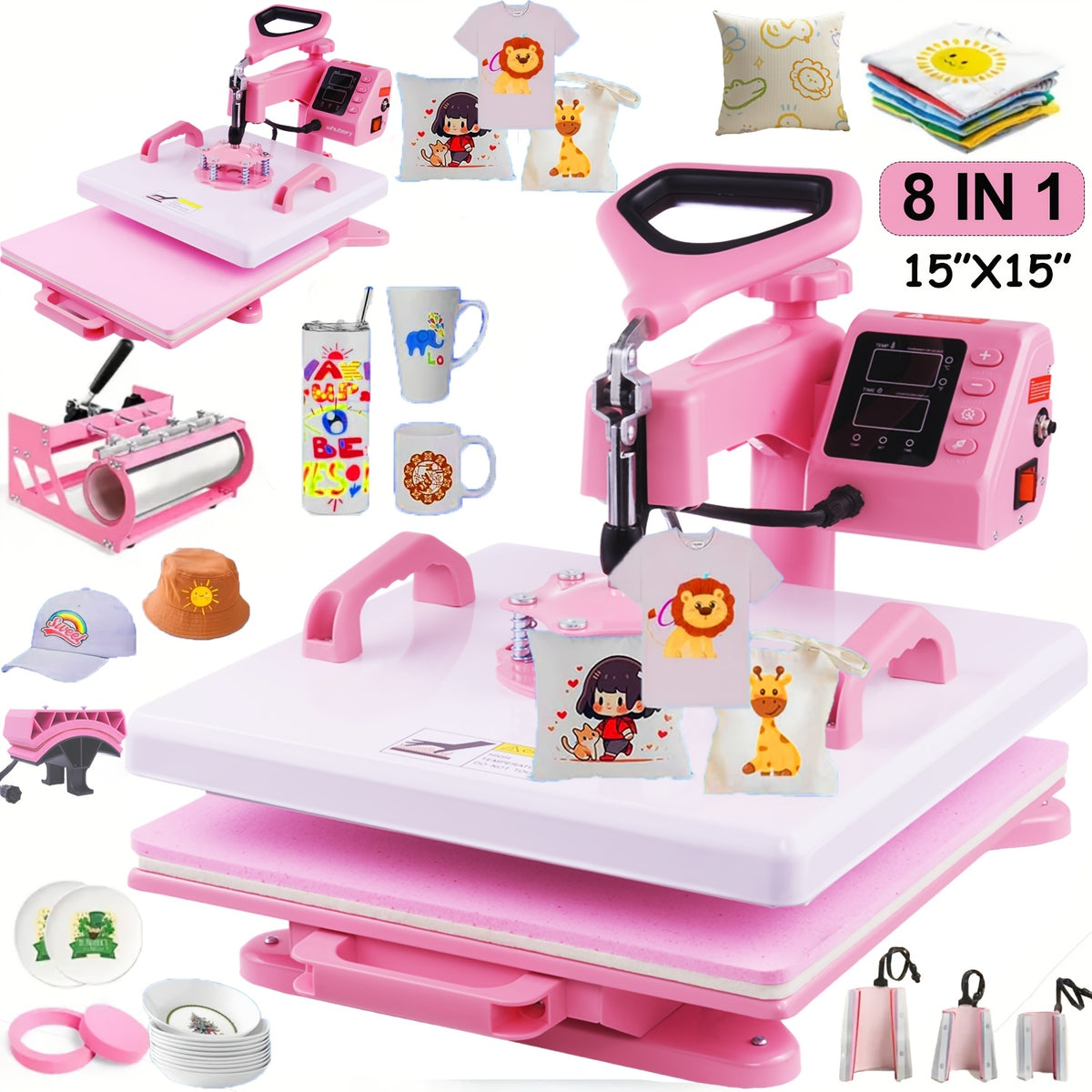 15"x15"/12"x15" - 8-in-1/5-in-1 Heat Press Machine Combo, Rotatable Design, Multi-Size Transfer Sublimation Combo, Suitable for T-shirts, Bags, Pillows, Hats, Beanies, Rollers - The 3-in-1 Automatic Hat Heat Press Can Only Press Hats