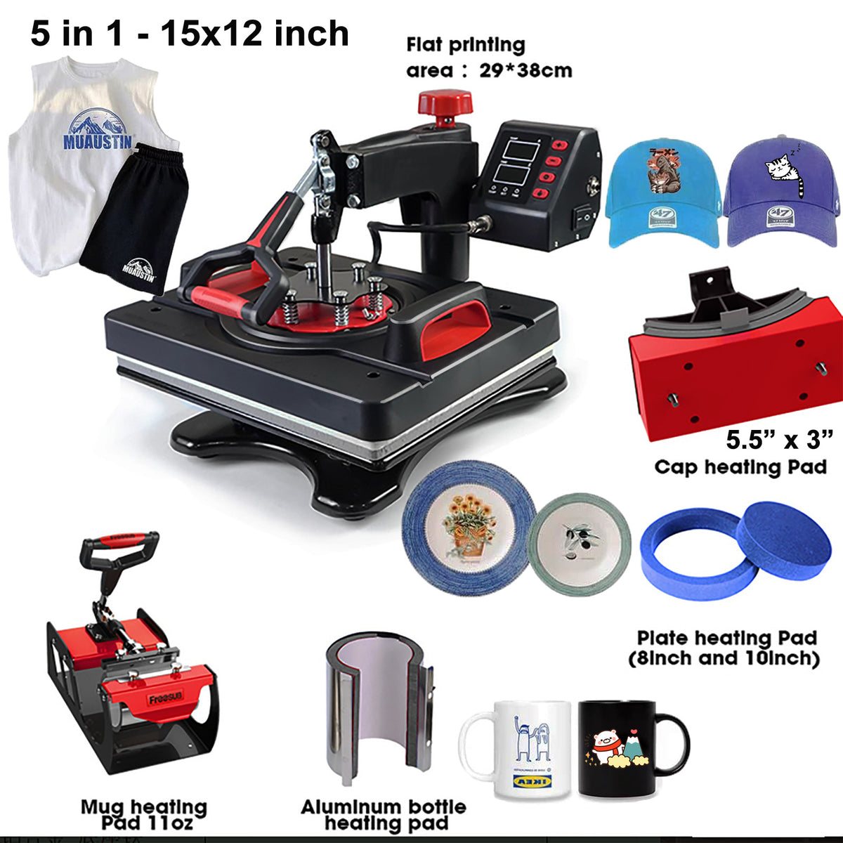 HOMDOX Upgraded 8 in 1 / 5 in 1 Heat Press Machine 15 x 12 Inch Professional Heat Transfer Machine 360-Degree Swing Away Multifunction Industrial-Quality Digital Sublimation Combo Heat Press for T Shirt Mug Hat Plate Cap for Commercial Home