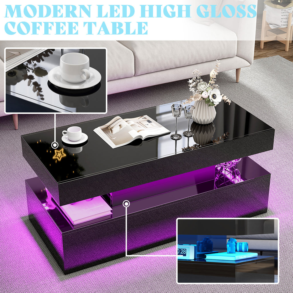 High Gloss 3pcs Living Room Table Set, Modern LED Coffee Table Sets Of 3, 2-Tier Center Table with 2 End Side Tables, LED Lights Bedside Table Nightstands with Charging Station