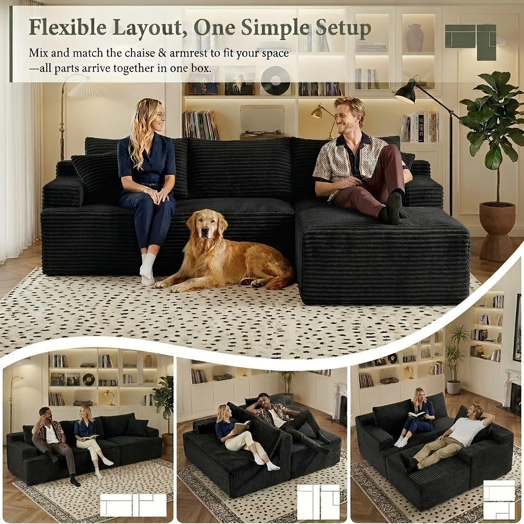 96.1-inch Modern Modular L-shaped Combination Sofa, 3-seater Corduroy Fabric with Deep Seat Oversized Left Facing Lounge Chair, Invertebrate 3-seater Sofa, No Assembly Required, Cat Paw Resistant - Suitable for Living Rooms And Apartments