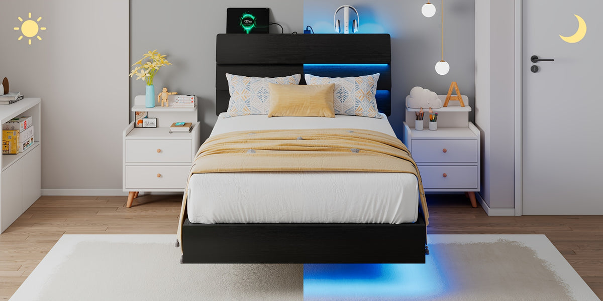 Valnase Floating Bed Frame with LED Lights & Charging Station, Platform Bed with Wooden Storage Headboard, Steel Slats Support, Easy Assembly