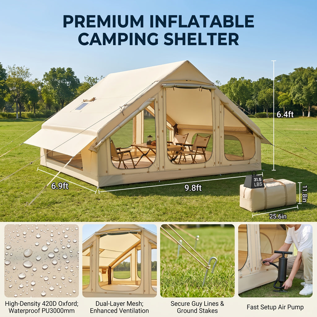 LILYPELLE Inflatable Camping Tent for 4-6 People, Easy Setup Oxford Cloth Air Tent with Stove Jack And Hand Pump, Spacious Glamping Tent House for Adults