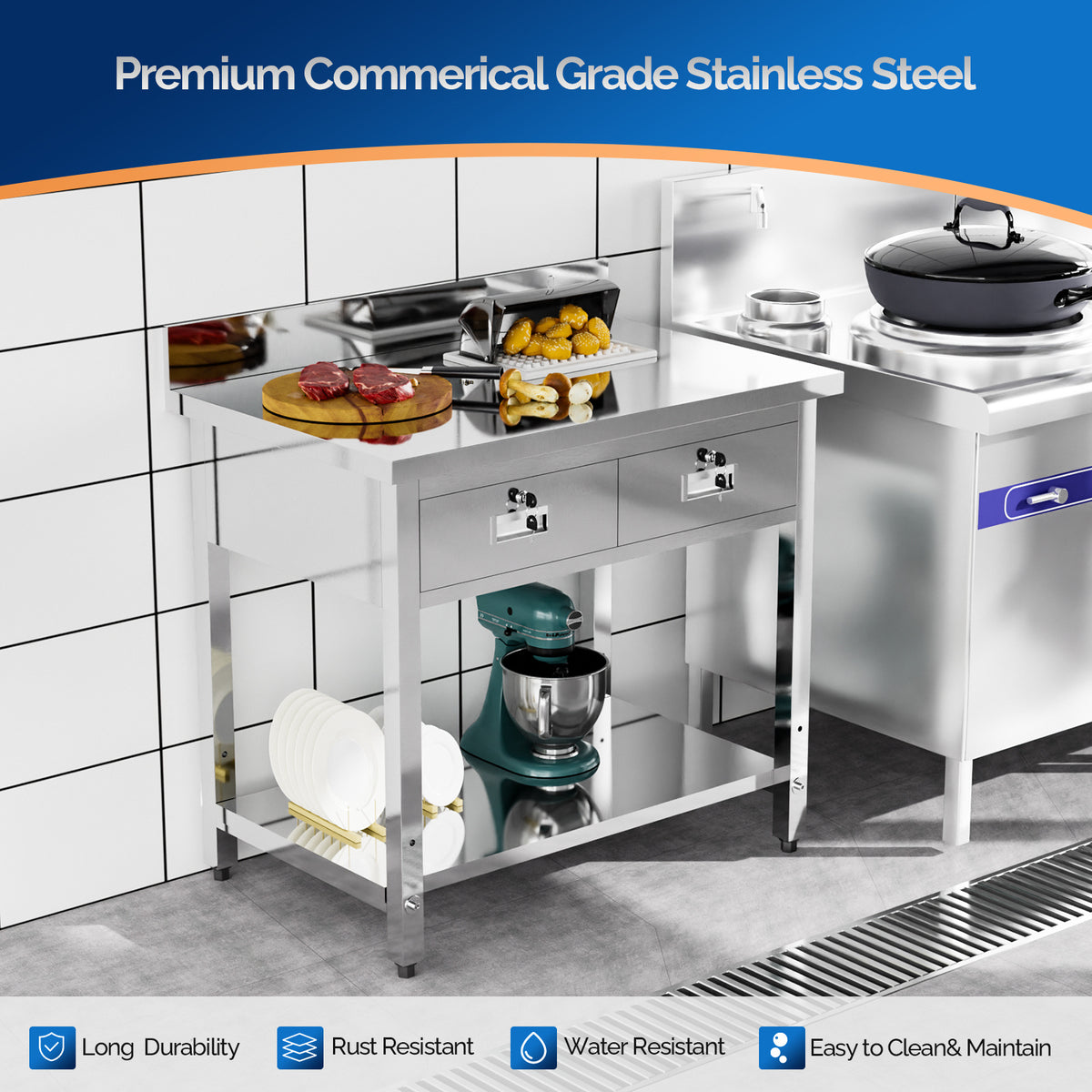 MEFEIR 42"x26" Heavy Duty Stainless Steel Commercial Prep Table with 2 Drawers & Undershelf - for Kitchen, Restaurant, Home, Garage