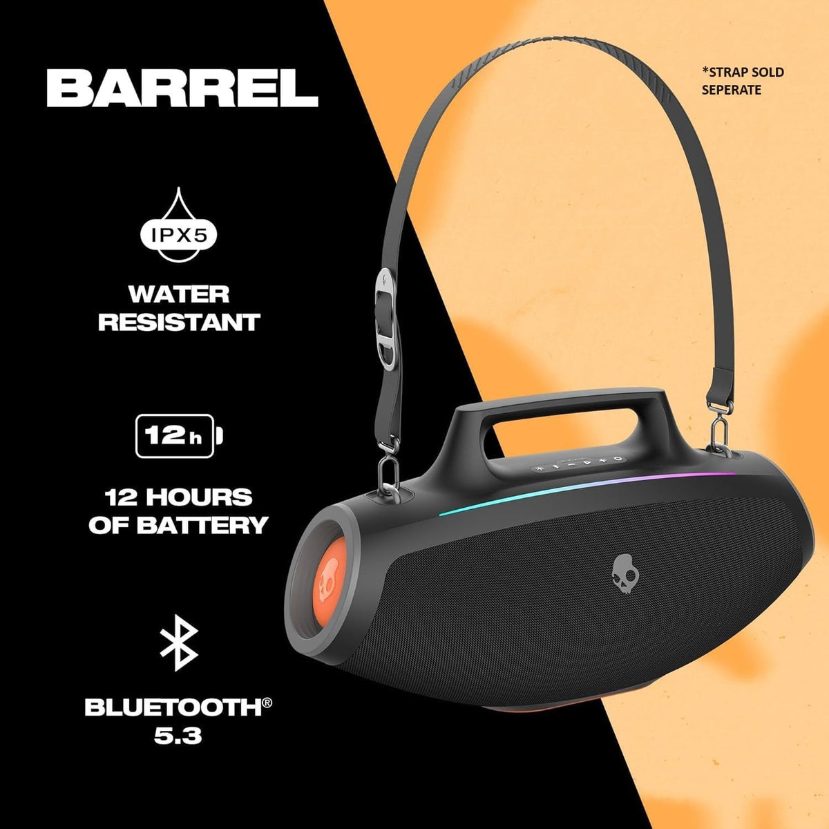 Skullcandy Barrel Bluetooth Boombox Speaker with LED Lightshow Mode – Water-Resistant Wireless Portable Speaker, Party Speaker, Outdoor Speaker, with USB-C & USB-A Charging Output, Carry Strap Not Included (Black) (80% New)