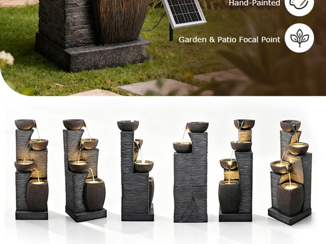 Solar Outdoor Water Fountain, 38.2-Inch 4-Tier Cascading Bowls and Stacked Stones with LED Lights
