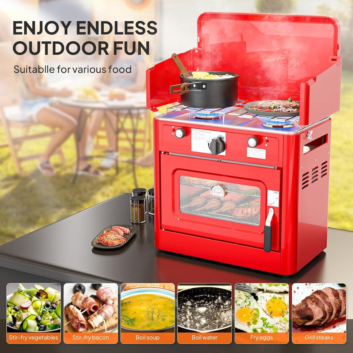 MEFEIR 2-in-1 Camping Stove with Propane Oven, Portable 2 Burner Stove & Outdoor Oven Combo with Auto-ignition & Thermometer for Camping Backyard Picnic