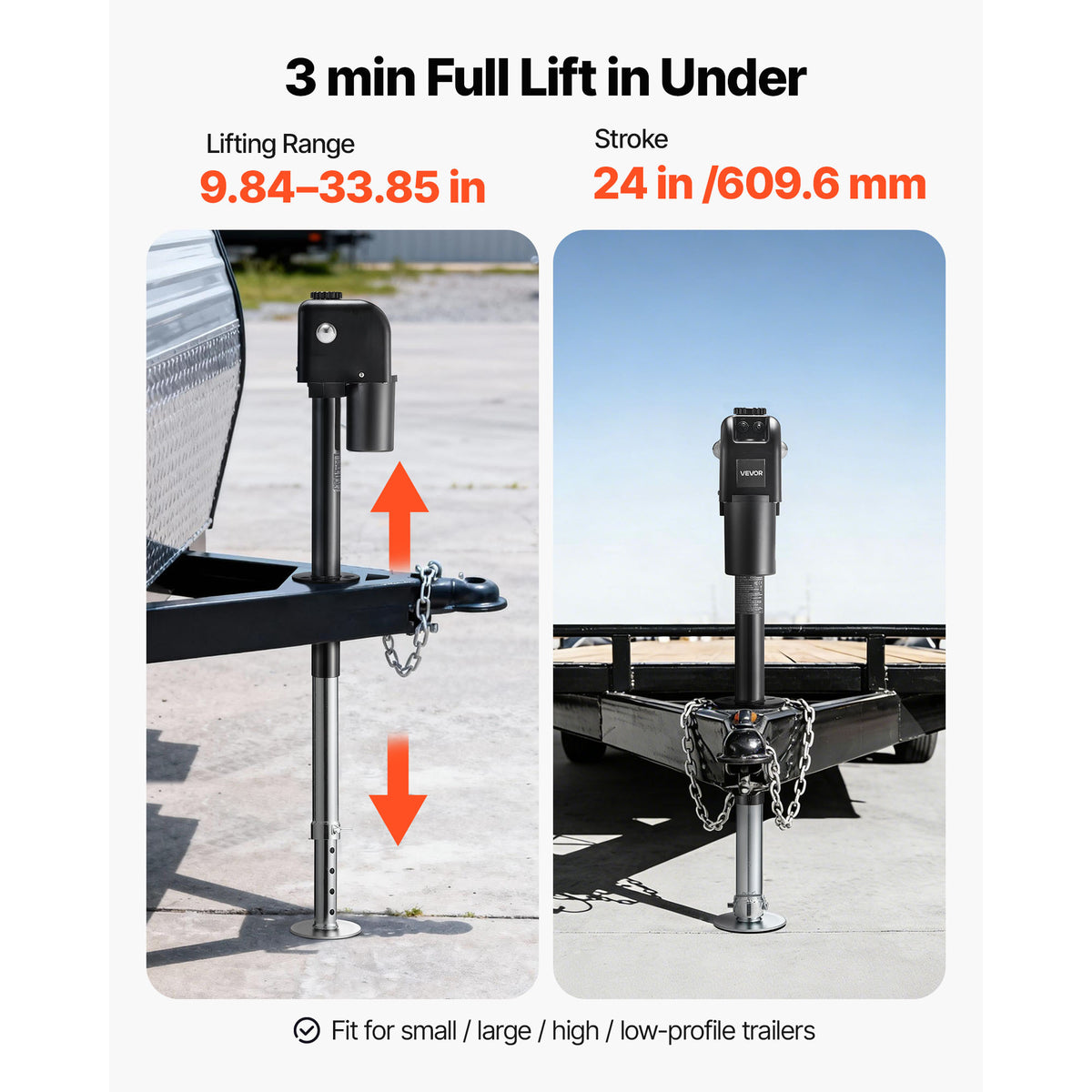 VEVOR Electric Trailer Jack, 7500 lbs Capacity, Electric Power Tongue Jack with Protective Cover & LED Light for Travel Trailer, Camper, RV, 9.84-27.84 in Lift, 12V DC with Wiring, Black