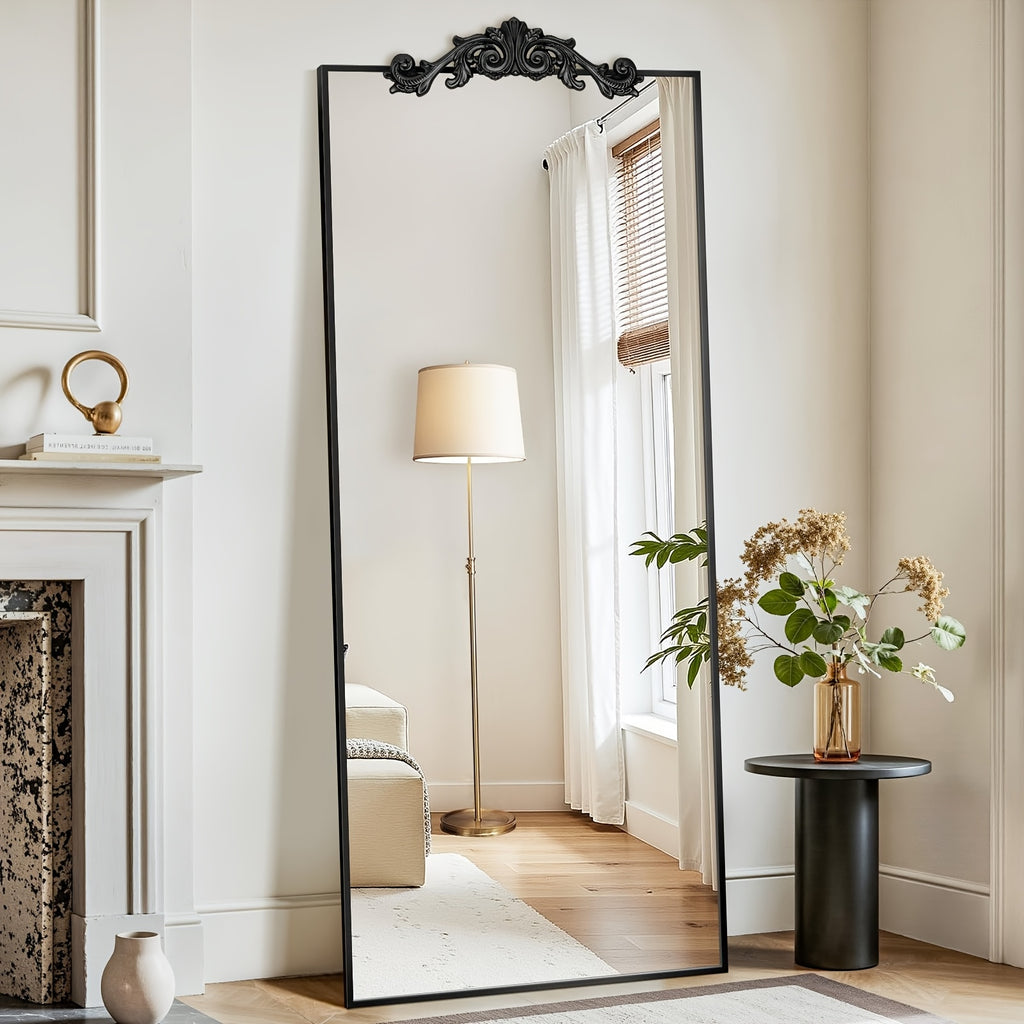 A Freestanding Full-Length Mirror Measuring 65 Inches by 24 Inches, Featuring a Carved Metal Frame, Suitable for Use in The Living Room. It Can Be Mounted Standing, Hanging, Or Leaning, And Boasts a Luxurious Design