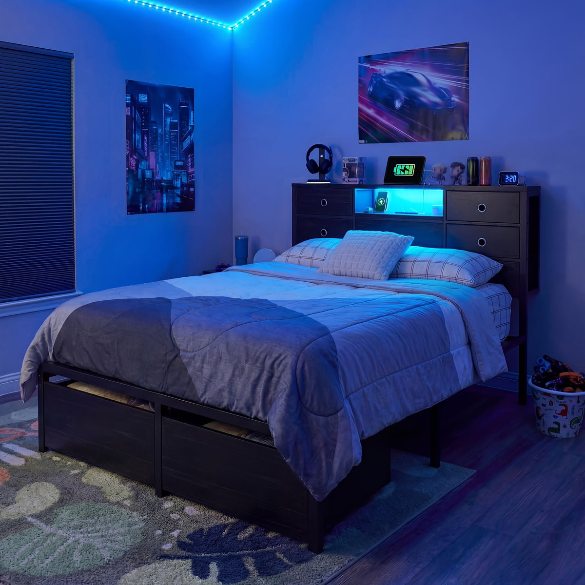 King/Queen/Full Size Storage Bed Frame With 8/9 Drawers & Headboard Storage, Strong Load-Bearing, Multi-Color LED & Power Outlet, Noiseless, Easy Assembly, Black & Tiger Brown