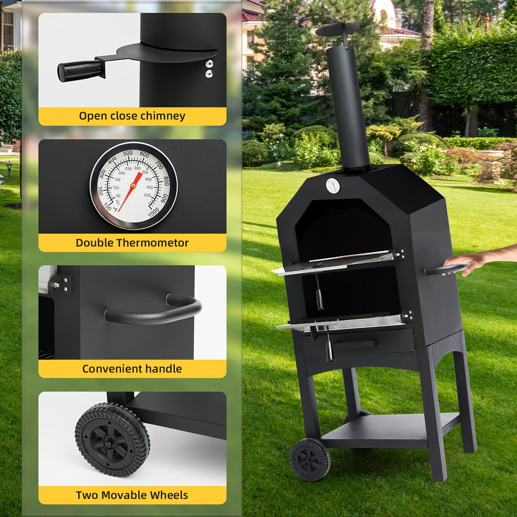 Outdoor Wood-Fired Pizza Oven with Built-In Thermometer, Pizza Peel, Cooking Grates, Stone Plate, And Cover Perfect for Pizza, Grilling, And Roasting