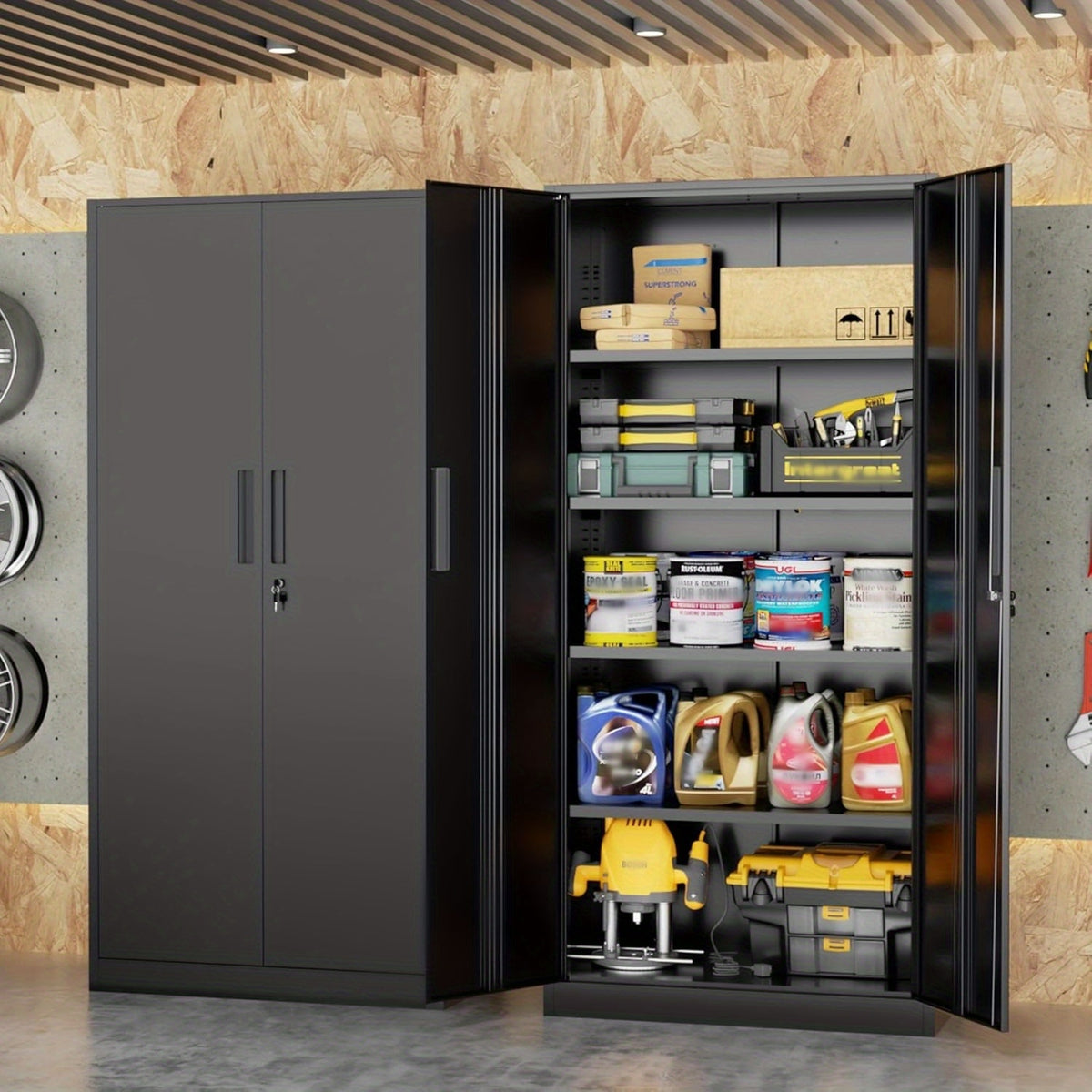 Lockable Metal Storage Cabinet |72-Inch Black for Garage Storage Cabinet with 2 Doors And 4 Shelves, Suitable for Garages, Basements, And Repair Shops