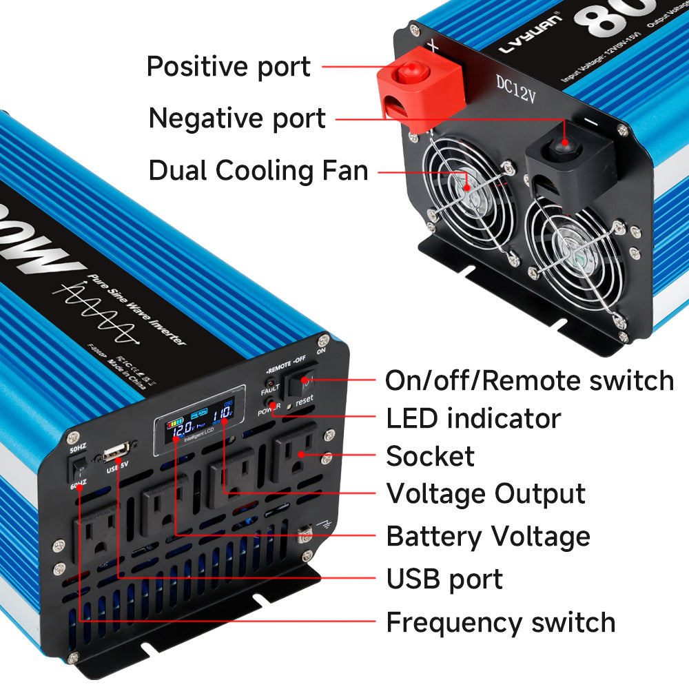 Pure Sine Wave Inverter 8000W (Peak)Car Power Inverter Efficient 12V/24V DC To 110V 120V AC With LCD Display And Remote & Troubleshooting, 4 US Sockets For Vehicles Car Chargers For Home Solar System RV Vans, Without Battery