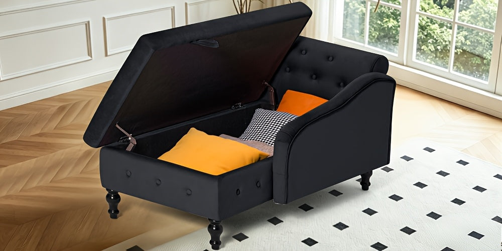 ACMEASE Classic Nailhead Trim Velvet Storage Chaise Lounge 57", Upholstered Chaise Sofa With Pillow & Turned Wood Legs For Living Room Decor