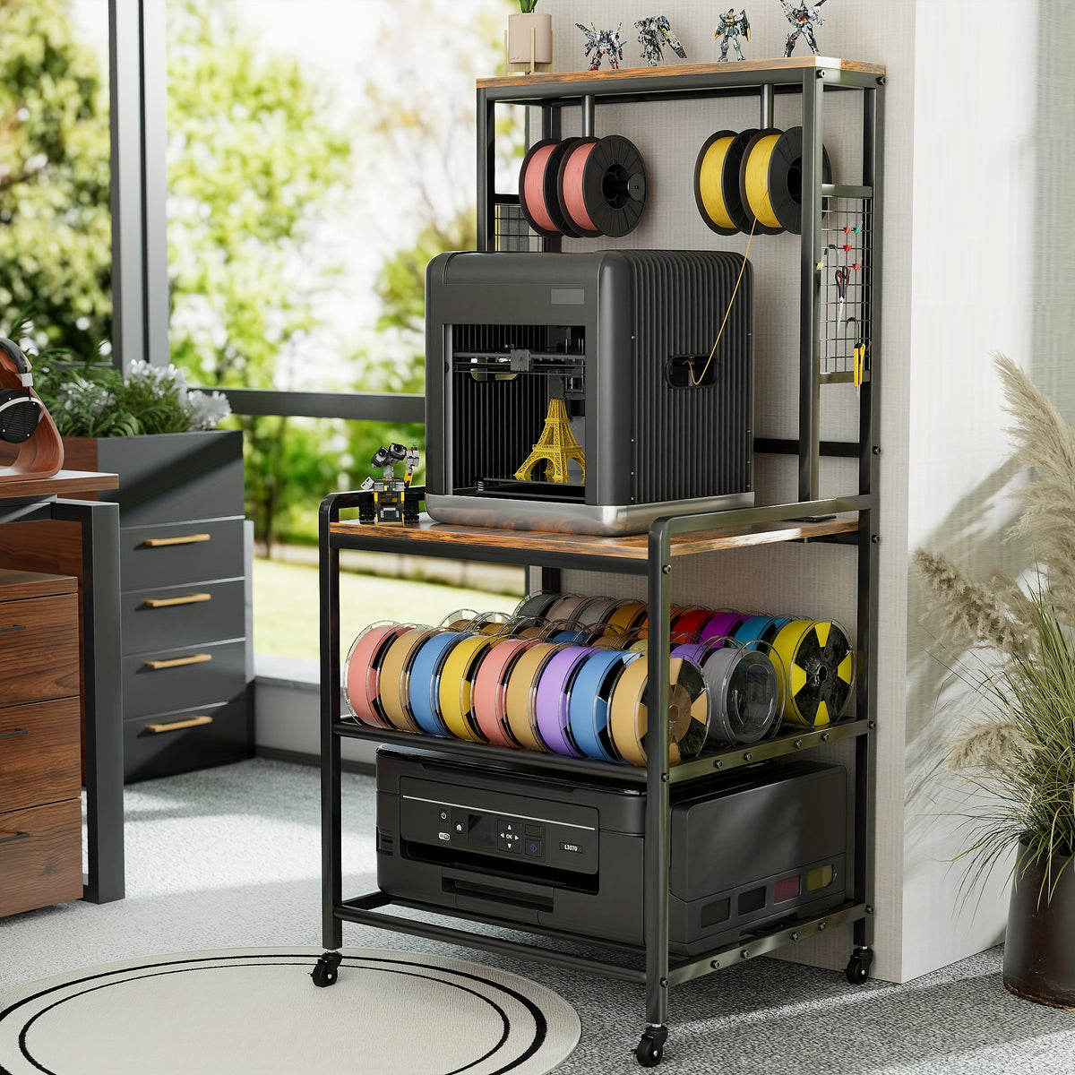Printer Stand with Charging Station, Large 3D Printer Table with Filament Storage, Heavy Duty Rolling 3d Printing Stand Filament Organizer with 4-Tier Storage for Workshop/Office/Garage
